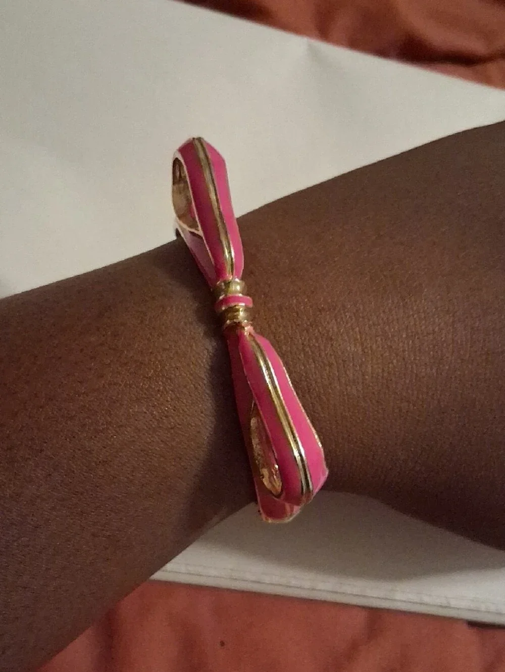 Pink Enamel Bow Hinged Bangle Bracelet